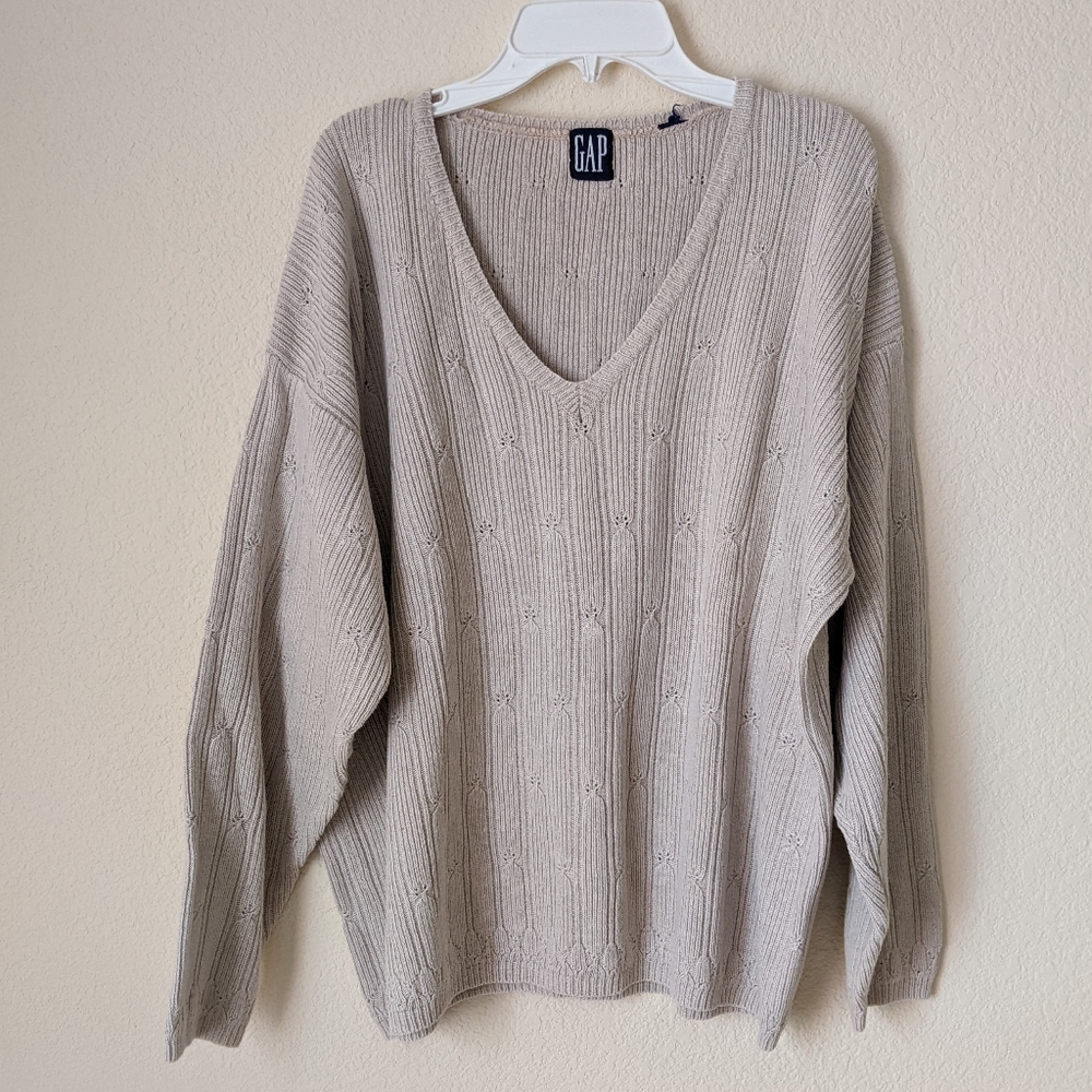 Gap Vintage Classic Heavy Knit Deep V-Neck Oversized Sweater Beige